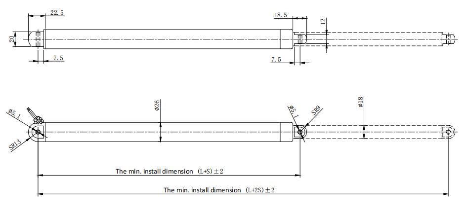 Dimension of DDTG-26 Micro Tubular Linear Actuator