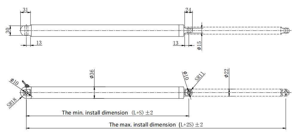 Dimension of DDTG-36 Micro Tubular Linear Actuator