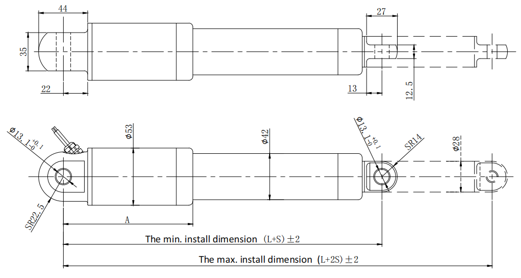 Dimension of DDTG-53 Micro Tubular Linear Actuator